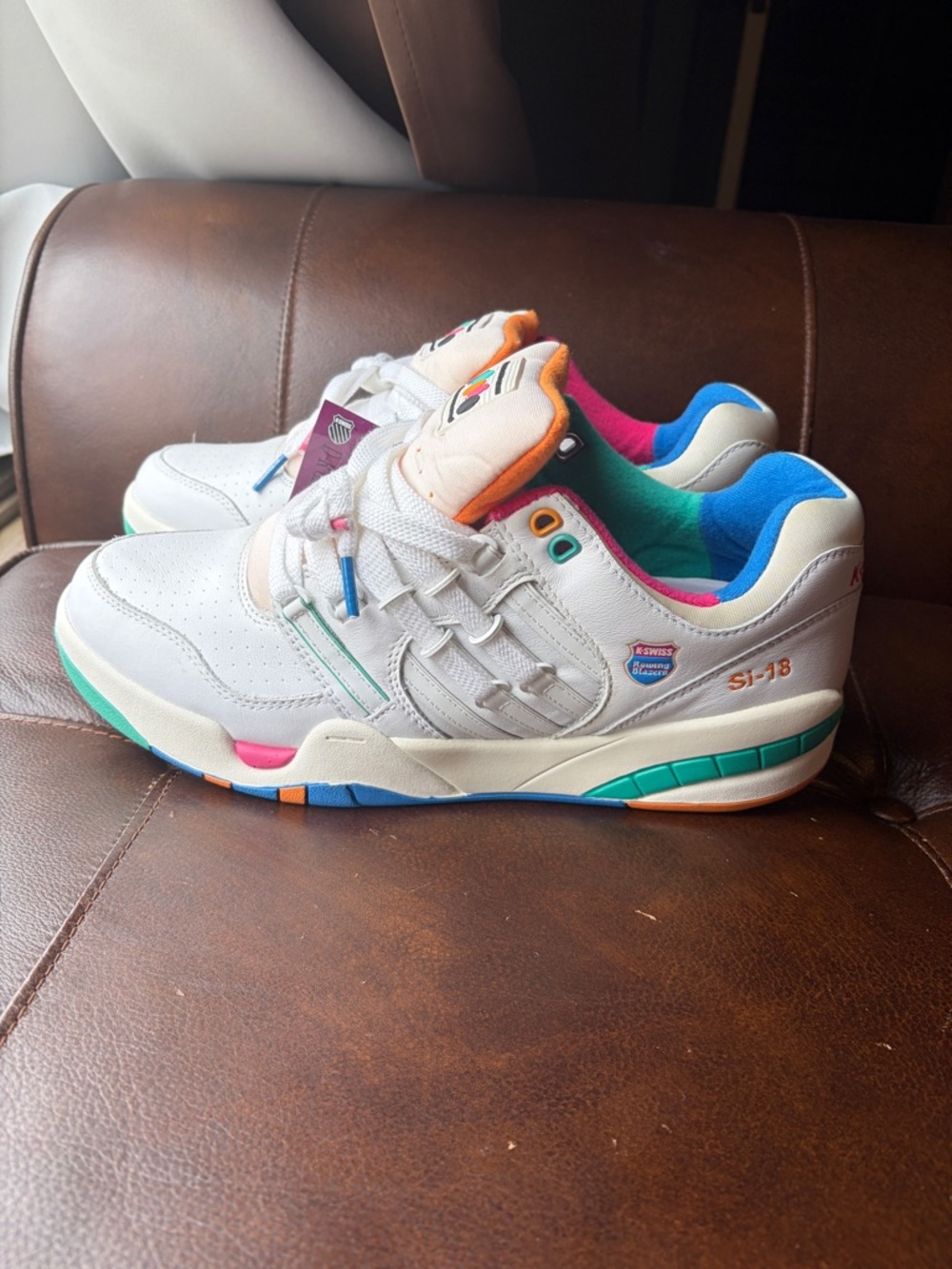 K-Swiss White Athletic Sneakers with Teal, Pink, Blue, Orange Accents